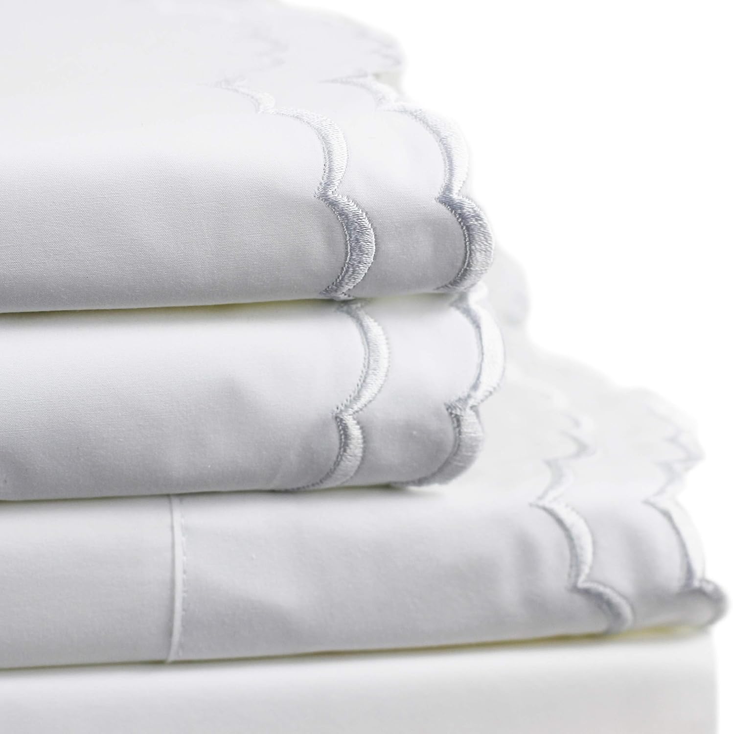Percale Cotton Double Scalloped Embroidered Sheet Set