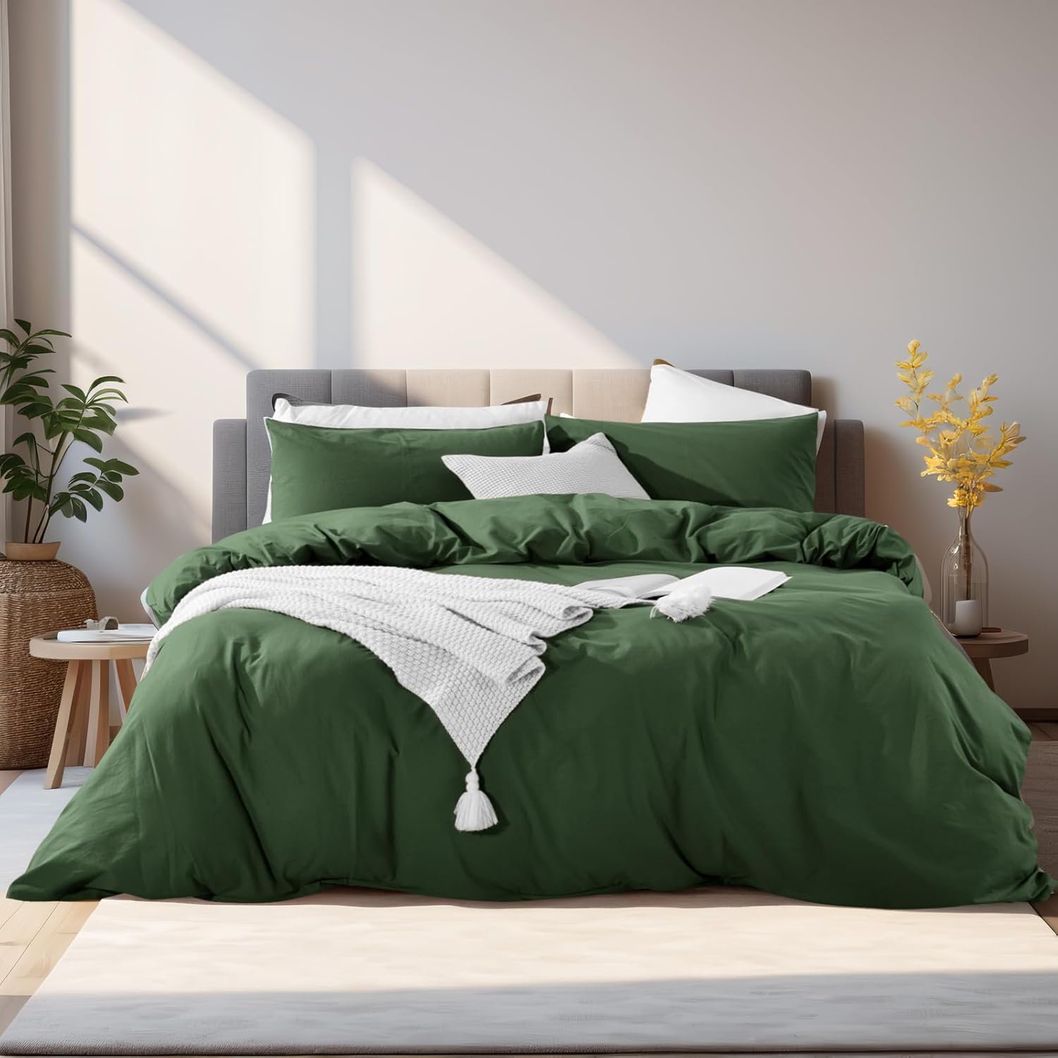 Duvet Cover Set Kids Twin Size Linen Feel Textured Organic Natural 100% Washed Cotton Duvet Cover 2 Pieces Bedding Set with Zipper Closure, Breathable, Forest Green (No Comforter) - Real Life Co