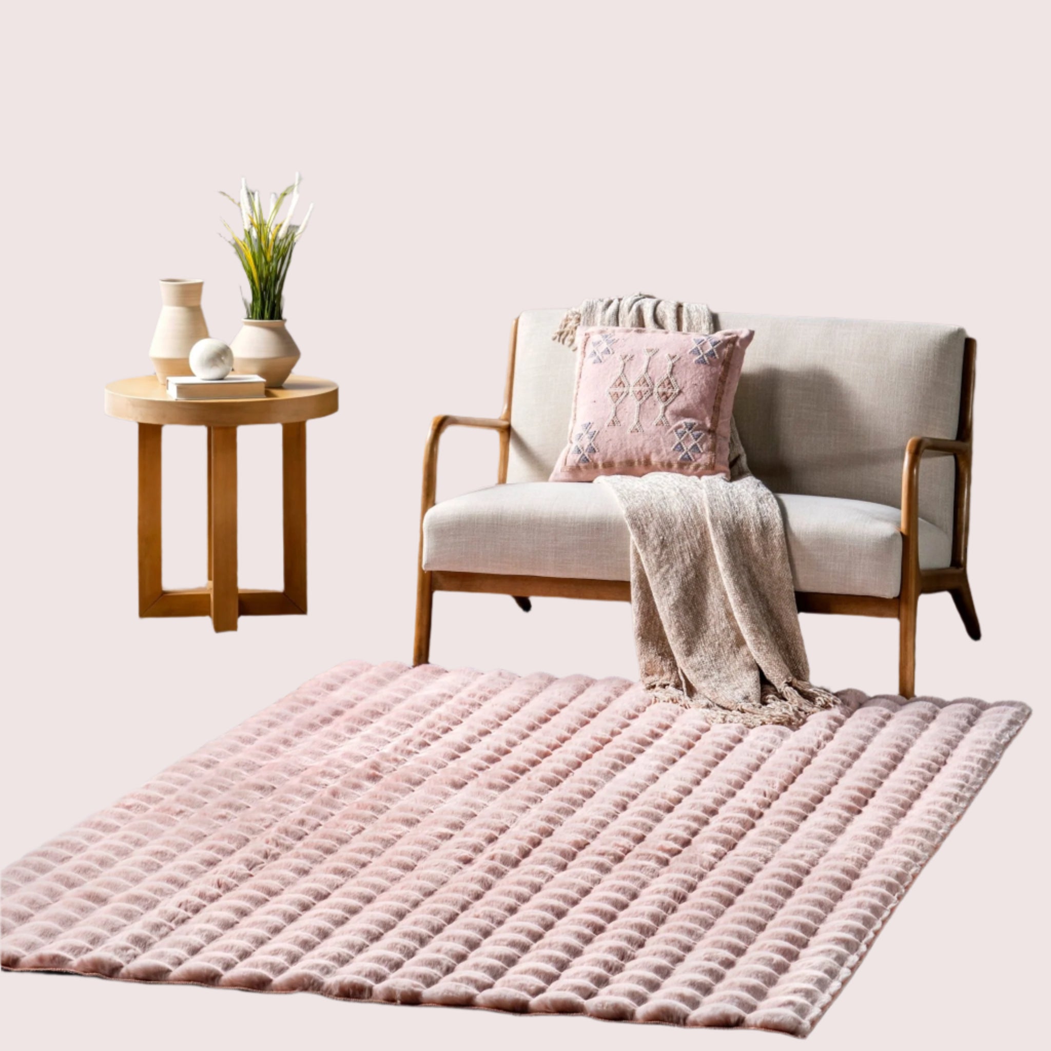 Ivana Checkered Plush Cloud Washable Rug | Blush - Real Life Co