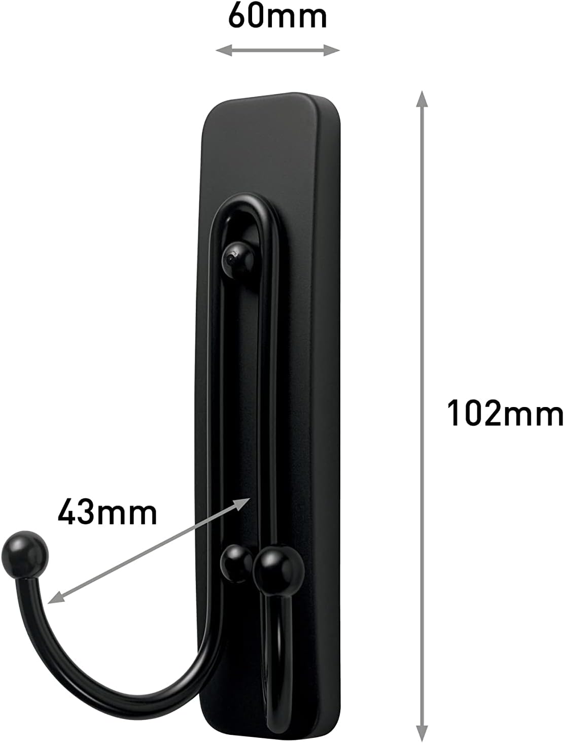 Large Matte Black Double Hooks, 2 Hooks and 2 Strips, Damage Free Hanging Wall Hooks with Adhesive Strips, No Tools Coat Hooks for Hanging Home Decor, Holds up to 4 Lb