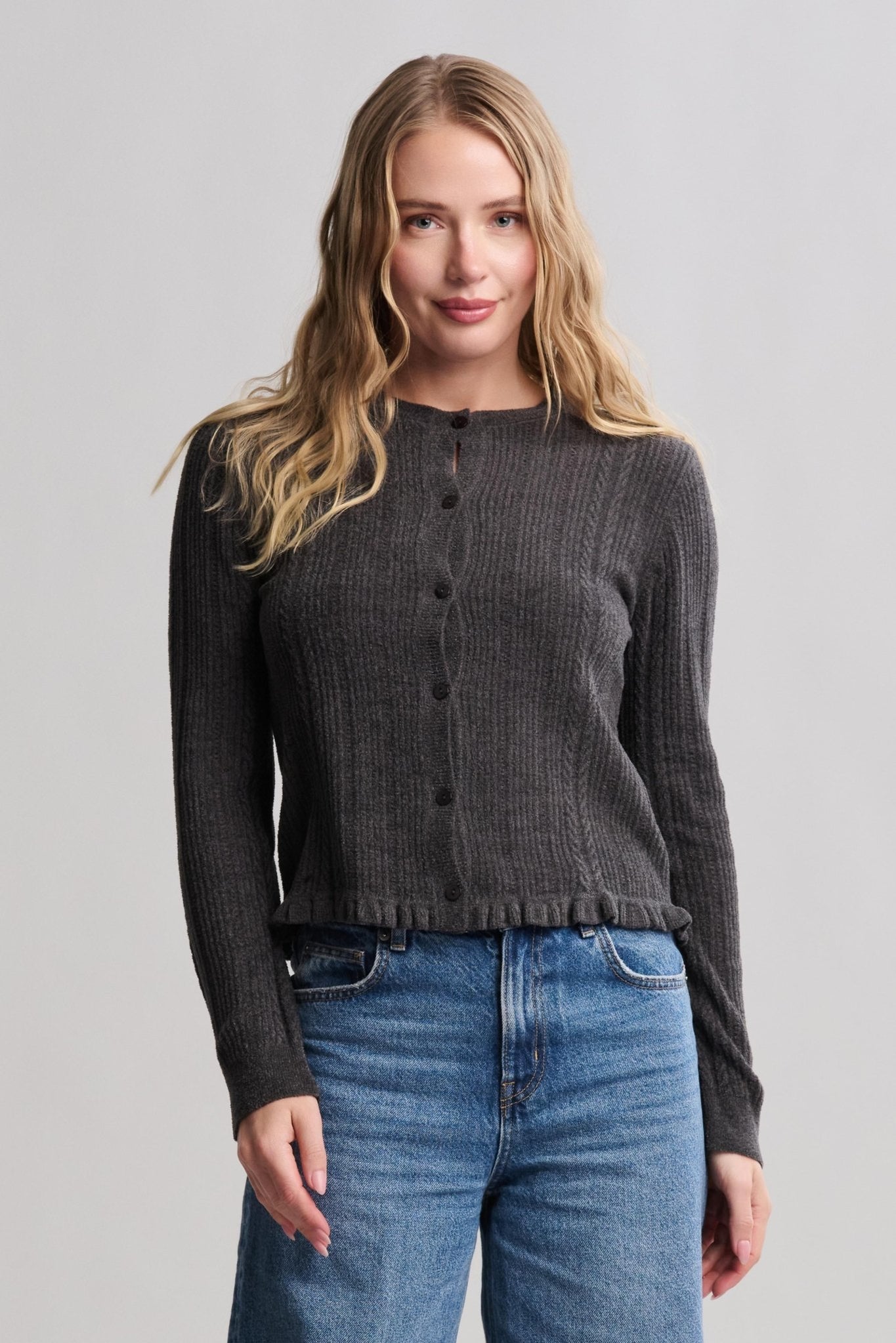 Skylar Cable Knit Cardigan with Ruffle by Barefoot Dreams