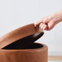 Lawrence round Storage Ottoman with Lift off Lid and Tray Lid Coffee Table, Ottoman with Storage for Living Room, Bedroom and Office, Faux Leather Cognac - Real Life Co