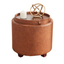 Lawrence round Storage Ottoman with Lift off Lid and Tray Lid Coffee Table, Ottoman with Storage for Living Room, Bedroom and Office, Faux Leather Cognac - Real Life Co