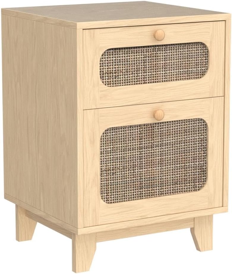 Modern Wicker Rattan Nightstand Set of 2,Rattan Stand with Drawer and Storage Space, Wooden Side End Table for Small Spaces, Natural Wood Bedsidetable for Bedroom,Easy Assembly(No Charging Station, 2) - Real Life Co