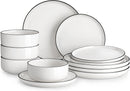 Plates and Bowls Sets, 12 Pieces Modern Porcelain Dinnerware Set for 4 White Kitchen Dinner Dining Ware Set Wtih Black Rim Ceramic Dishware Dishes Microwave and Dishwasher Safe, Series LUNA - Real Life Co