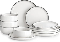 Plates and Bowls Sets, 12 Pieces Modern Porcelain Dinnerware Set for 4 White Kitchen Dinner Dining Ware Set Wtih Black Rim Ceramic Dishware Dishes Microwave and Dishwasher Safe, Series LUNA - Real Life Co