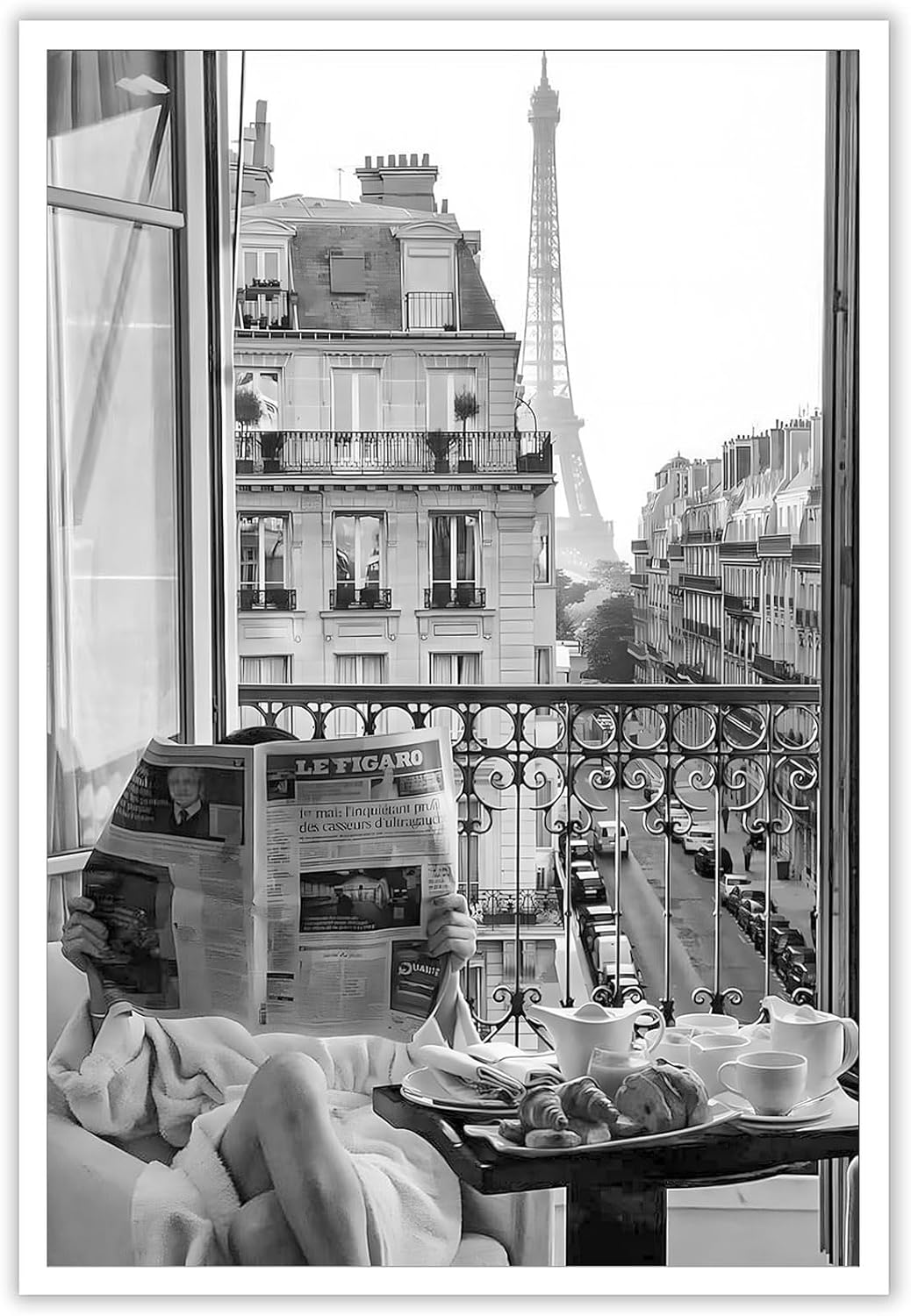 Vintage Girl Reading Newspaper Poster Eiffel Tower