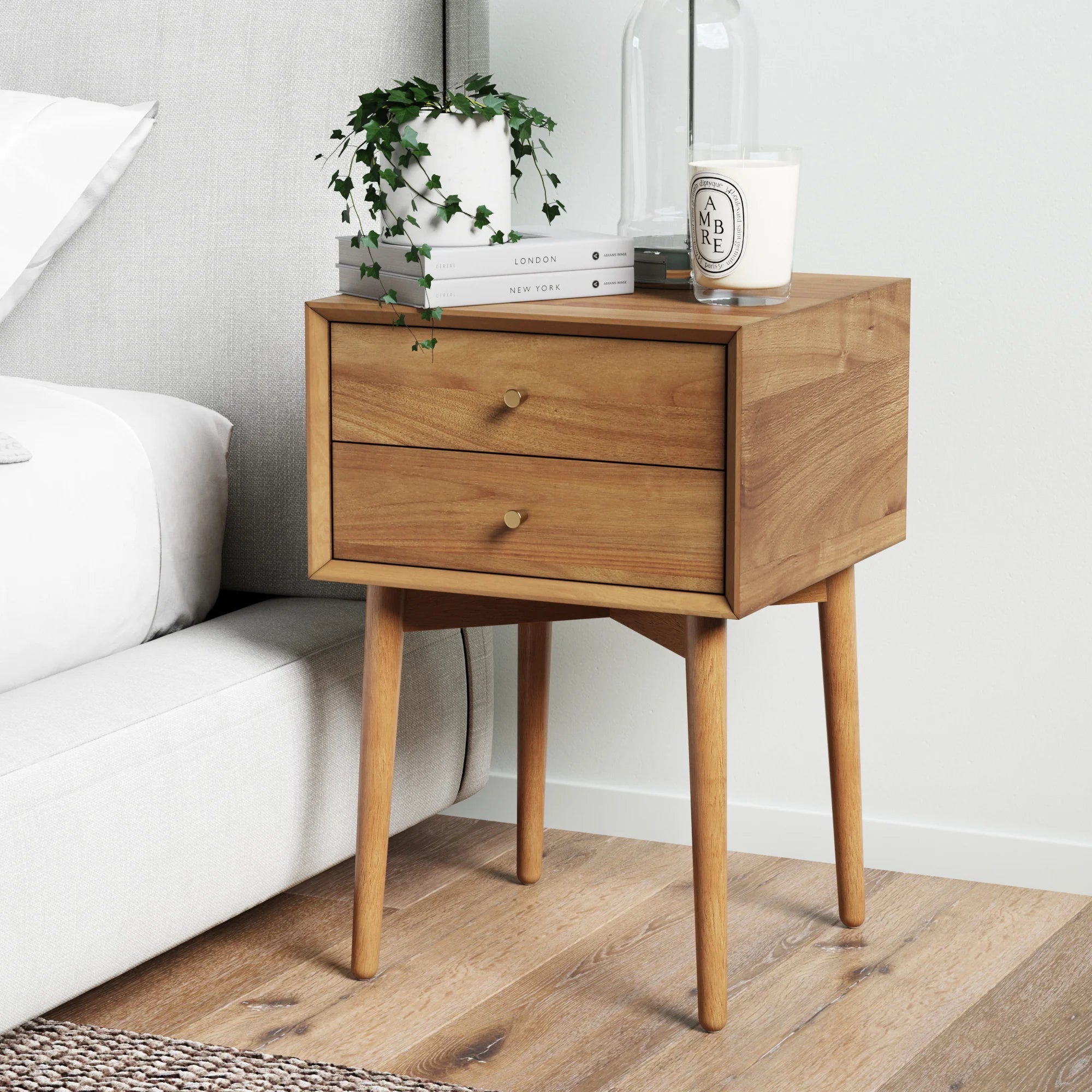 Wood Mid-Century Nightstand Acacia